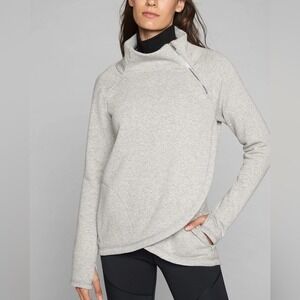 Athleta Cozy Karma Asym Sweatshirt Light Grey Heathered Pullover Zip Neck S P